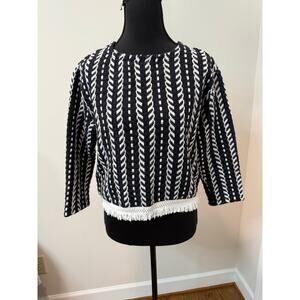 TILE Sweater in Navy and White Stripe with White Fringe